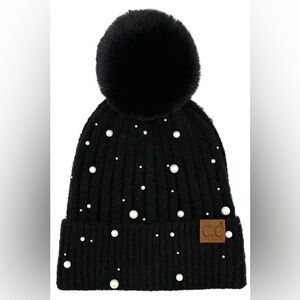 C.C Pearl Embellishments Pom Beanie (Black)